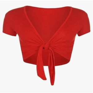 Red Tie Front Short Sleeve Crop Bolero Shrug Top XS